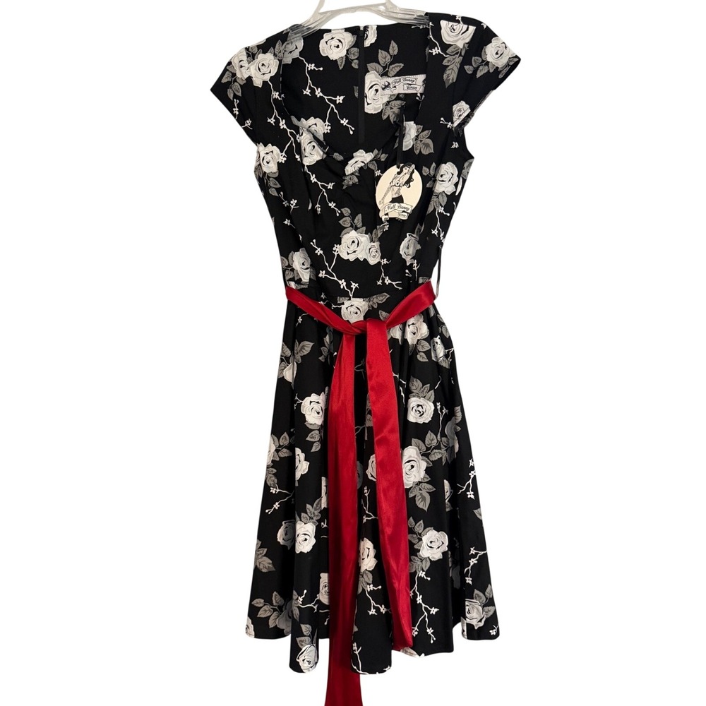 Hell Bunny Dress Women MD Black New Floral Rose Rockabilly Pinup Vixen Sash